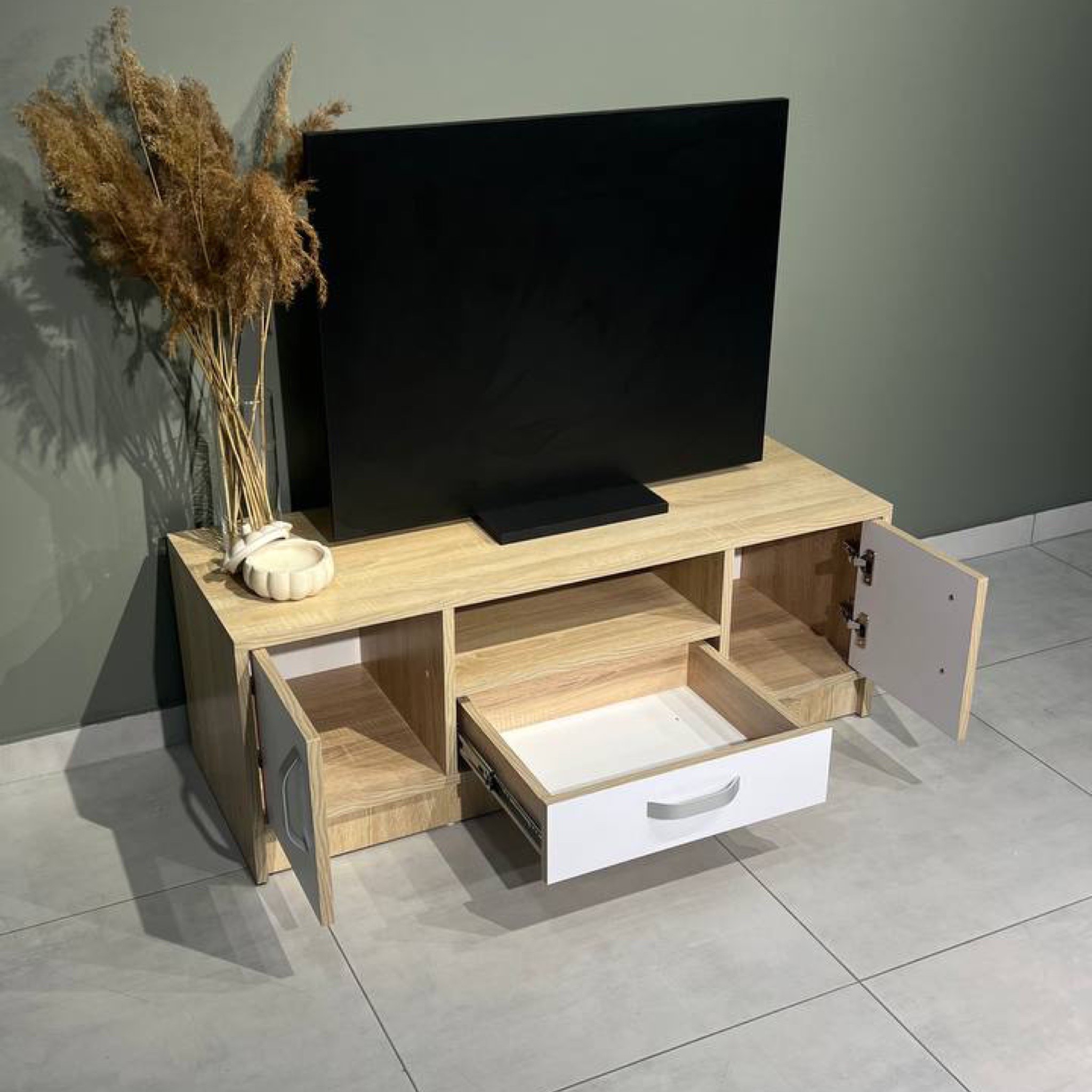 Тумба под телевизор с дверцами и ящиком "White Mix" 110х40х40, тумба под TV и аппаратуру — изображение 3