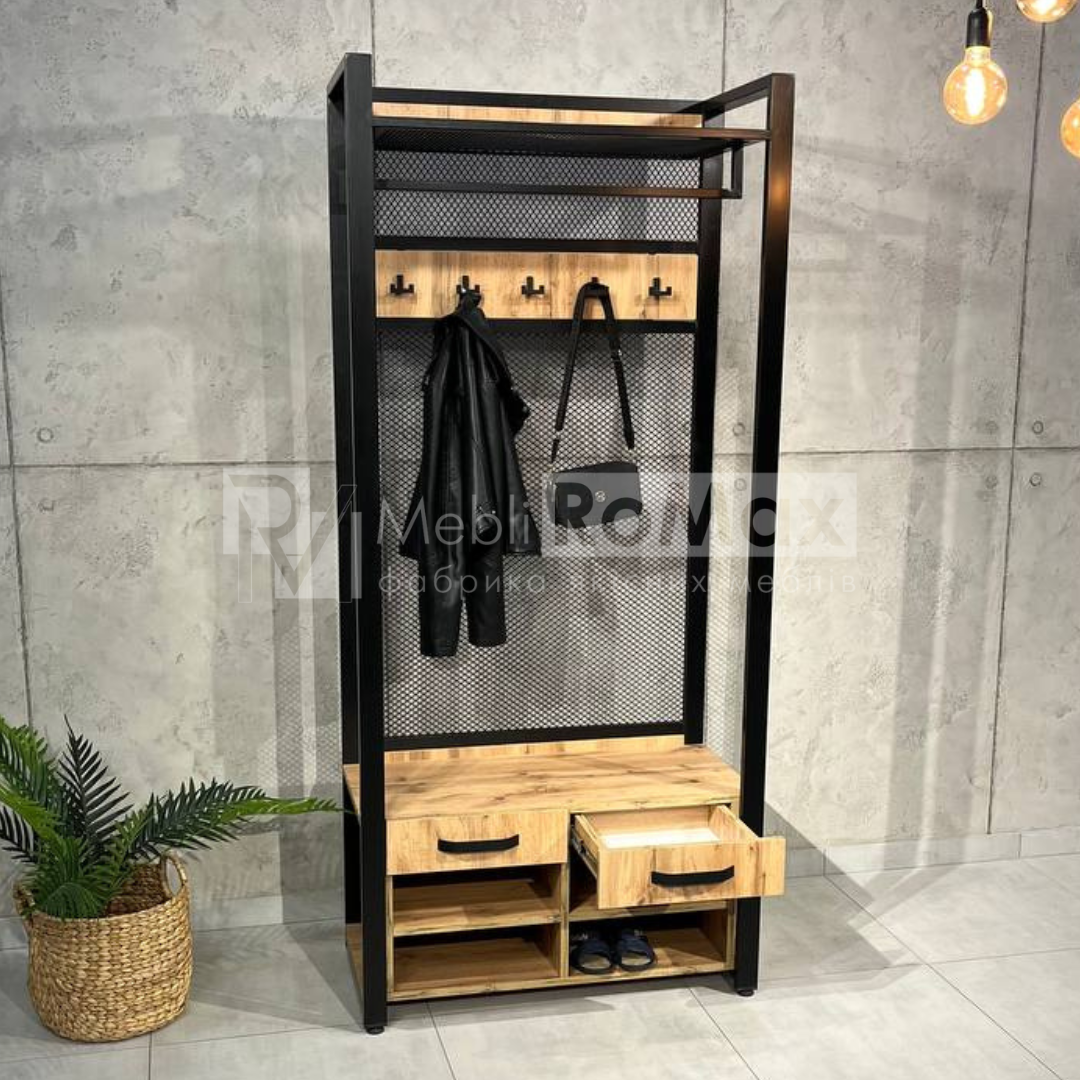 Стильная прихожая LOFT 900 с ящиками и тумбой для обуви, современная прихожая лофт — изображение 2