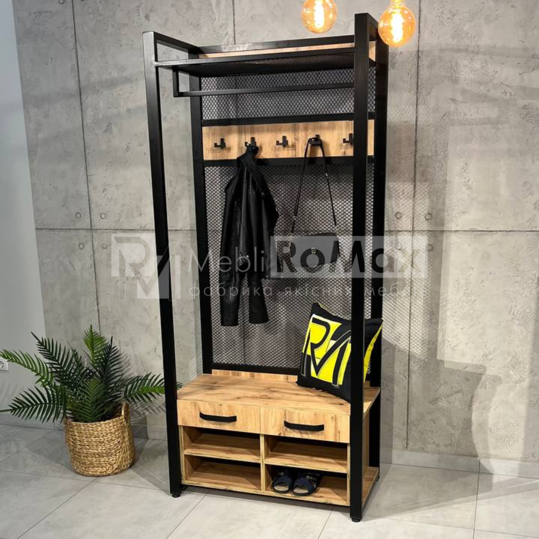 Стильная прихожая LOFT 900 с ящиками и тумбой для обуви, современная прихожая лофт — изображение 3